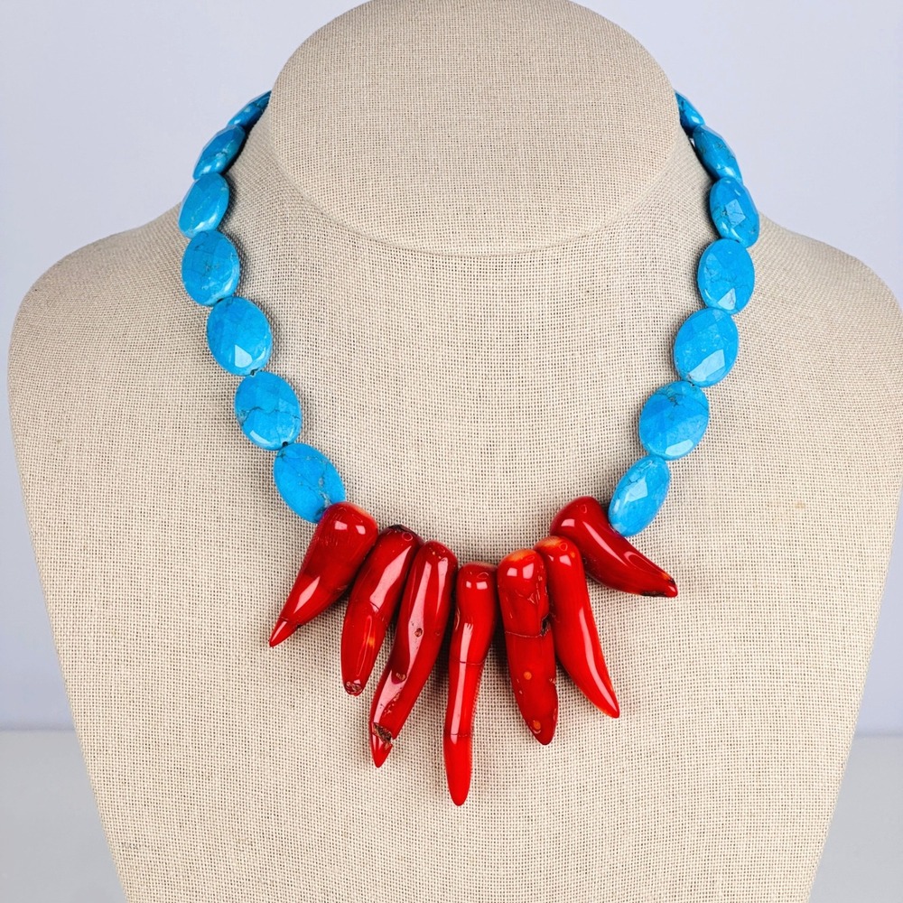 Jenny Dayco Turquoise Howlite Red Coral Branch Statement Necklace Southwest Bib